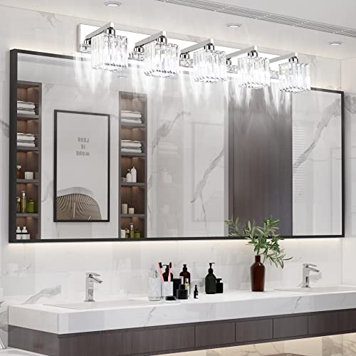 Aipsun Bathroom Light Fixtures Modern Vanity Light for Bathroom Crystal Chrome Vanity Light 5 Light (Exclude Bulb) - color: Chrome, size: 40 inch