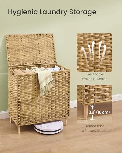 SONGMICS 3-Section Laundry Hamper with Lid, 42.2 Gal (160L) PE Rattan Laundry Basket with Removable Washable Liners, for Bedroom & Living Room, Goose Yellow ULCB223YE01 - color: Goose Yellow, size: 160 L (3 Basket)