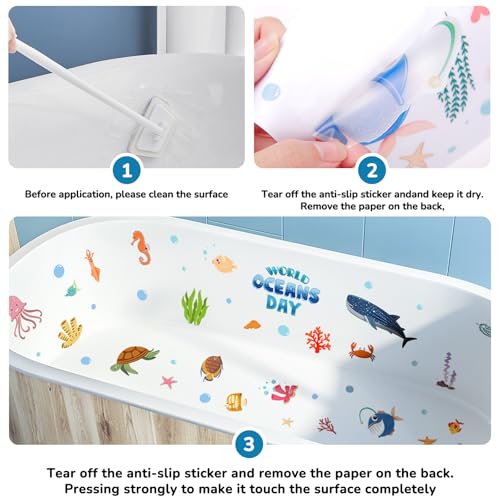 Pratique Non Slip Bathtub Stickers, 6 Pages World Ocean Day | Sea Organism Adhesive, Kids Anti Slip Decal Threads, Shower Floor and Bath Tub Decals, Premium Scraper - color: Ocean Day