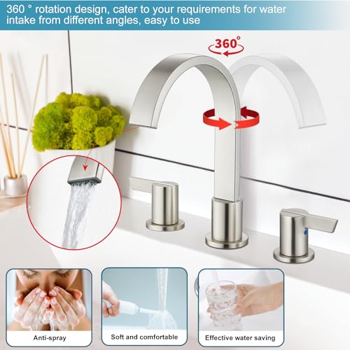 Midanya 8 Inch Widespread Bathroom Sink Faucet 3 Hole,Brushed Nickel | Waterfall Swivel Spout,2 Handle,SUS304,with Pop Up Drain,cUPC 24" Water Hose,for 6-16” hole distance vanity,RV,Farmhouse Sink - color: Nickel