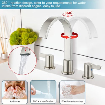 Midanya 8 Inch Widespread Bathroom Sink Faucet 3 Hole,Brushed Nickel | Waterfall Swivel Spout,2 Handle,SUS304,with Pop Up Drain,cUPC 24" Water Hose,for 6-16” hole distance vanity,RV,Farmhouse Sink - color: Nickel