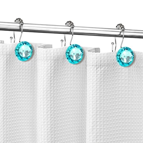 Sunlit Luxury Design Round Teal Blue Diamond Crystal Gem Bling with Glide Balls Double Shower Curtain Hooks for Mermaid Shower Curtains, Rust Proof Metal Rhinestones Glam Shower Curtain Rings-12 Pack - color: Teal With Double Hooks