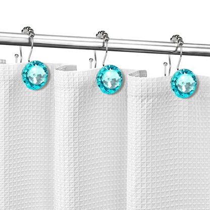 Sunlit Luxury Design Round Teal Blue Diamond Crystal Gem Bling with Glide Balls Double Shower Curtain Hooks for Mermaid Shower Curtains, Rust Proof Metal Rhinestones Glam Shower Curtain Rings-12 Pack - color: Teal With Double Hooks