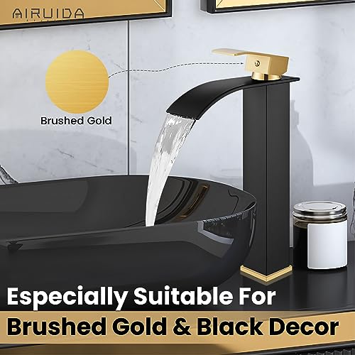 Airuida Vessel Sink Faucet, Black&Gold Tall Waterfall Bathroom Faucet | Single Handle,Tall Bathroom Faucet 1 Hole,Vanity Faucet,without Drain,Bowl Bathroom Faucet - color: Matte Black&Brushed Gold