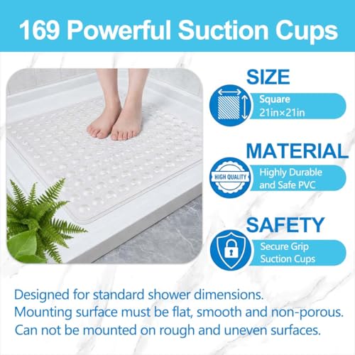 21 x 21 Inch Shower Stall Mat Non Slip, Square Bath Mat for Stand Up Showers with Suction Cups and Drainage Holes, Machine Washable, Clear
