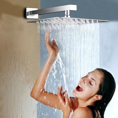 Voolan All Metal Shower Head with Extension Arm, Stainless Steel Waterfall Rainfall Showerheads, High Flow Bathroom Square Rain Shower Head (10’’ Shower Head with 16’’ Shower Arm, Brushed Nickel) - color: Brushed Nickel, size: 10’’ Shower Head with 16’’ S