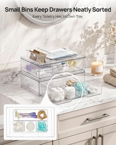 Vtopmart 12-Pack Clear Makeup Organizer Set with Drawer Organizer Bins | 2 Pack Stackable Storage Drawers & 10 Pack Drawer Organizer for Vanity Cosmetic, Bathroom Countertop, Desk - style: 2pack Wide Drawers with bins