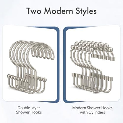 Bathway Nickel Shower Curtain Hooks Ring, 12 Pcs Double Sided Shower Hooks, Rust Proof Metal Shower Hooks for Bathroom, Anti-Drop Shower Rings for Shower Curtain & Liners - color: Nickel, style: Double-layer Shower Hooks