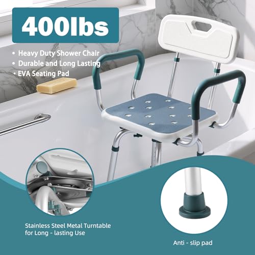 Swive Shower Chair with Arms and Back, 400 lbs Heavy Duty Shower Seat for Inside Shower Stall and Bathtub, Height Adjustable Safety Bath Seat for Elderly, Adults, Handicap and Disabled - size: 400lbs Shower Chair