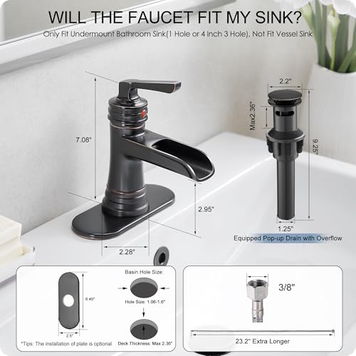 Brass Oil Rubbed Bronze Bathroom Faucet Waterfall Bathroom Sink Faucet 1 Hole or 4 Inch 3 Hole, Single Handle with Deck Plate, Pop-up Drain, cUPC Supply Lines for Vanity, 5 Mins Quick Install - color: Oil Rubbed Bronze