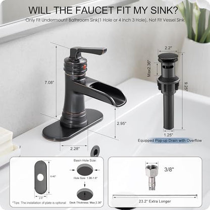 Brass Oil Rubbed Bronze Bathroom Faucet Waterfall Bathroom Sink Faucet 1 Hole or 4 Inch 3 Hole, Single Handle with Deck Plate, Pop-up Drain, cUPC Supply Lines for Vanity, 5 Mins Quick Install - color: Oil Rubbed Bronze