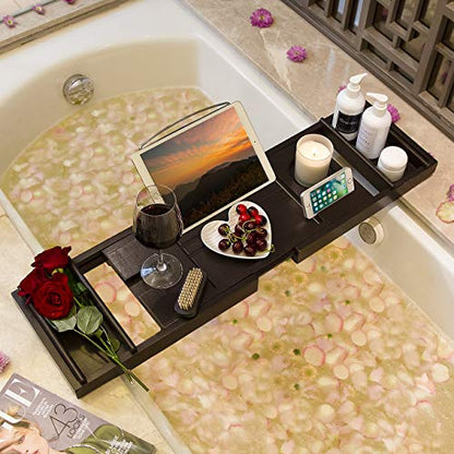 Bathtub Caddy Tray for Luxury Bath - Bamboo Waterproof Expandable Bath Table Over Tub with Wine and Book Holder and Free Soap Dish (Brown) - color: Brown