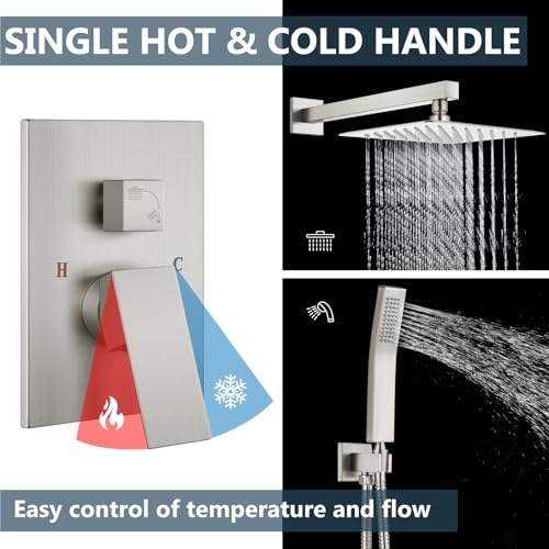 Aolemi Shower Faucet Set with Handheld Brushed Nickel 12 Inch Head | Pressure Balance Shower Valve and Trim Kit,SUS304 Rain Head and Handle System,All Metal,Wall Mount,Bathroom,Handheld Spray - color: Nickel, size: 12 Inch Wall Mount Shower Head