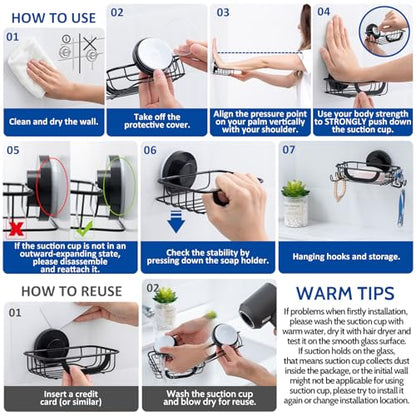 Soap Holder,Soap Dish,Suction Cup,with Hooks,Stainless Steel,Black | bar soap holder,storage soap & sponge for bathroom,shower,kitchen,sink,wall mounted,no drilling removable waterproof - color: Black-1 Tier