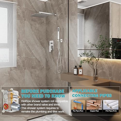 12" Rain Shower System with Handheld & Valve, Brushed Nickel | Wall-Mounted High-Pressure Shower Faucet Combo Set, 12-Inch Rain Shower Head with Handheld Spray,Includes Valve and Trim Kit - color: Brushed Nickel 12