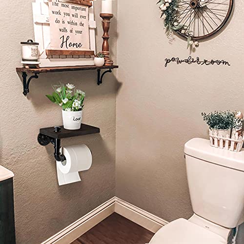 Toilet Paper Holder with Shelf, Industrial Wall Mounted Tissue Roll Hanger with Rustic Wooden Shelf for Bathroom, Washroom (Black)