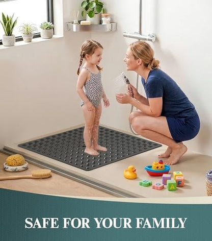 HITSLAM 21x21 Inch Square Shower Mat Non Slip, Anti Slip Bathtub Mat with Strong Suction Cups & Drainage Holes, Machine Washable Bathroom Floor Mat for Inside Shower Stall and Tub, Black - color: Black