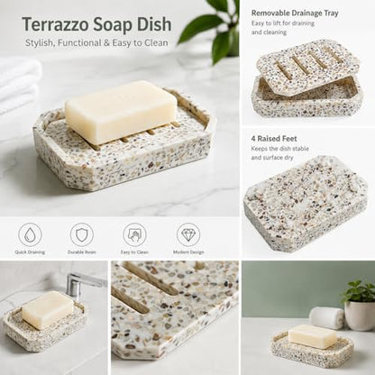 Drainable Soap Dish, Double Layer Resin Soap Holder, Non-Slip Silicone Feet Soap Saver for Bathroom (Terrazzo Look) - color: Terrazzo Look