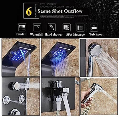 Stainless Steel Shower Panel Tower Suit,LED Rainfall Waterfall Shower Head 6-Function Faucet Rain Massage Suit with Body Jets