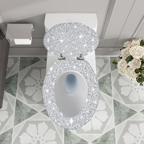 Bathroom Elongated Resin Toilet Seat, Silver Glitter Seamless Texture, Quiet Close, Quick Release Hinges, Decorative, Easy to Install & Clean, with Cover Bumpers (Oblong)