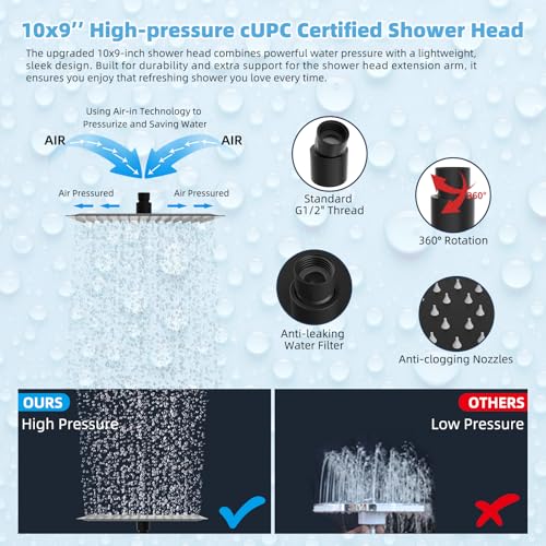 Hibbent All Metal CUPC Certified 10'' Rainfall Shower Head, Dual Shower Head Combo, High Pressure Handheld 4 Sprays Shower Wand, 16'' Adjustable Extension Arm, 71'' Hose, Shower Holder, Matte Black - color: Matte Black, style: Square 10''