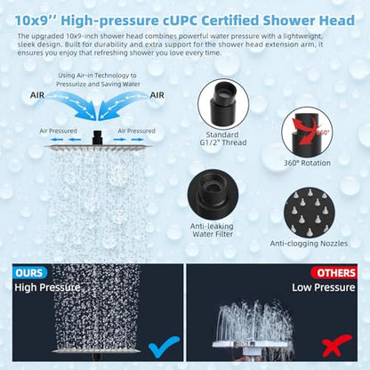 Hibbent All Metal CUPC Certified 10'' Rainfall Shower Head, Dual Shower Head Combo, High Pressure Handheld 4 Sprays Shower Wand, 16'' Adjustable Extension Arm, 71'' Hose, Shower Holder, Matte Black - color: Matte Black, style: Square 10''