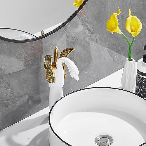 Swan Shape Single Handle 1Hole Bathroom Vessel Sink Faucet Deck Mount Lavatory Sink Faucet Gold Mixed White - color: White, size: Tall