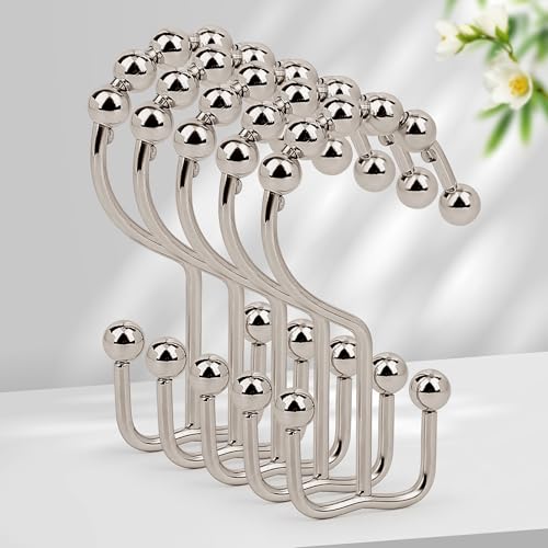 Resze 12 Pcs Shower Curtain Hooks,Metal Double Shower Curtain Rings, Nickel | Glide Roller Shower Hooks, Rust-Resistant Anti-Drop Shower Rings, Smooth Sliding Hooks for Bathroom Shower Rods Curtains - color: Nickel