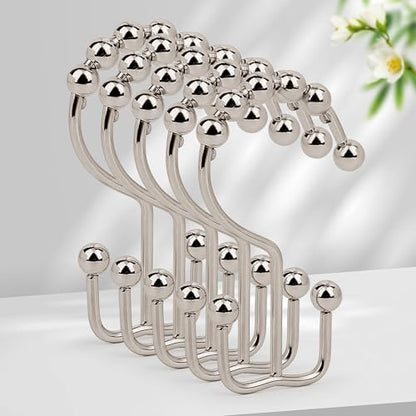 Resze 12 Pcs Shower Curtain Hooks,Metal Double Shower Curtain Rings, Nickel | Glide Roller Shower Hooks, Rust-Resistant Anti-Drop Shower Rings, Smooth Sliding Hooks for Bathroom Shower Rods Curtains - color: Nickel