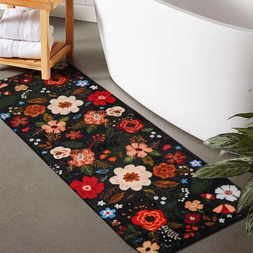 Floral Bathroom Rugs Large Long Bath Mat, Black Bathroom Runner Rugs 24 x 60 Non Slip Washable, Flower Rug Cute for Bathtub - color: Black, size: 2' x 5' (Runner)
