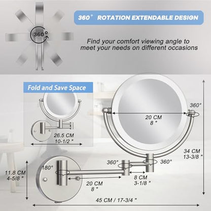 Makeup Mirror Wall Mounted with Lights and Magnification 10X, Rechargeable | 8 Inches Double-Sided, 3 Color LED Touch Dimmable, Brass Extended Swing Arm, Bathroom Vanity Cosmetic, Brushed Nickel - color: Brushed Nickel