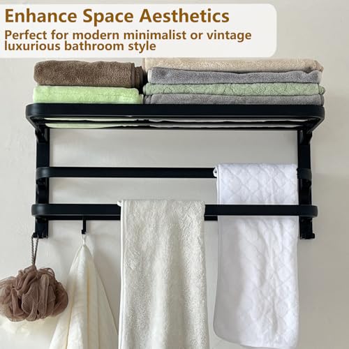 24in Towel Racks Shelf for Bathroom Wall Mounted with 2 Bar for Hotel,Black | Double Space Saving Foldable Rustproof Painted Aluminum L-Shape 2 Bars Modern - size: 2 Tier