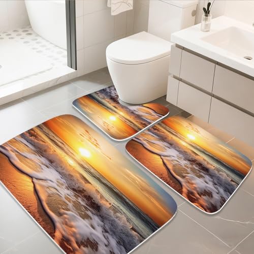 Bathroom Mat Set Ocean Beach Summer Coastal Nautical Bathroom Rugs Sets 3 Piece Wave Sunset Aesthetic, Memory Foam Bath Rugs, U-Shaped Toilet Rug Non Slip Absorbent Orange - color: Color7