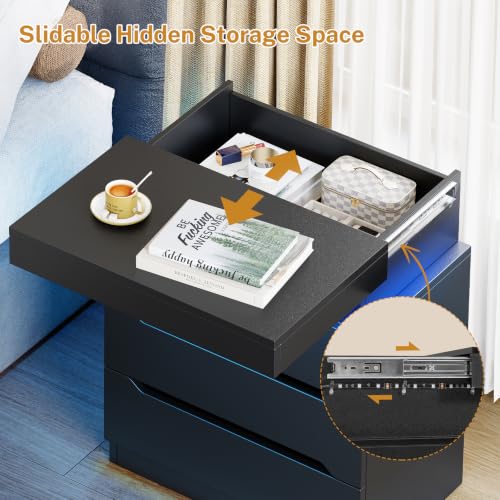 Night Stand with 3 Drawers, Nightstand with App-Controlled Adjustable LED Light, Bedside Table with Slidable Hidden Storage Space, Modern Nightstands for Bedroom,Black - color: Unbzx032hd-zf