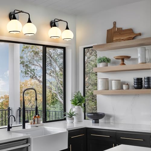 Black Bathroom Light Fixtures 2 Lights Vanity Lights with Milky White Frosted Glass Shade Bathroom Vanity Light 14 inch Wall Sconce Lighting Bath(Exclude E26 Bulb) - color: Black, size: 2 Light