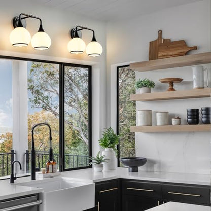 Black Bathroom Light Fixtures 2 Lights Vanity Lights with Milky White Frosted Glass Shade Bathroom Vanity Light 14 inch Wall Sconce Lighting Bath(Exclude E26 Bulb) - color: Black, size: 2 Light