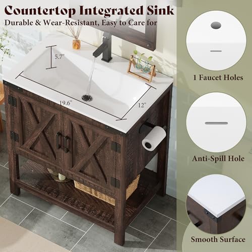 AMERLIFE 24" Brown Farmhouse Bathroom Vanity with Sink and Open Shelf | Rustic Brown, Single Solid White Integrated Top, Moisture-Resistant MDF, Barn Doors, Open Shelf, Paper Towel Holder - color: Rustic Brown, size: 24“