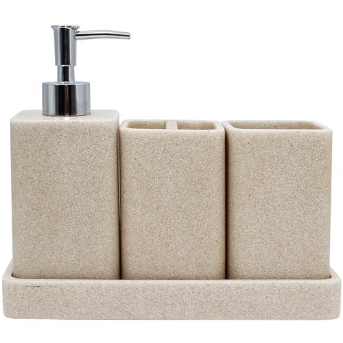 Bathroom Accessories Set, 4 Piece Toothbrush Holder Set - Sand Beige | Bathroom Accessory Set with Soap Dispenser, Toothbrush Holder, Tumbler, Vanity Tray, Bathroom Sink Set for Modern Home Decor - style: Beige