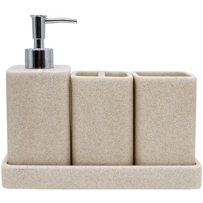 Bathroom Accessories Set, 4 Piece Toothbrush Holder Set - Sand Beige | Bathroom Accessory Set with Soap Dispenser, Toothbrush Holder, Tumbler, Vanity Tray, Bathroom Sink Set for Modern Home Decor - style: Beige