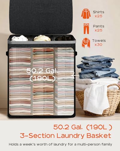 CASAMAYA Laundry Basket with Lid, Laundry Hamper 3 Section, 190L collapsible Laundry Organizer, Easy Assembly,with Handles and Removable Liners, 25.2 x 15.7 x 29.5 Inches, Black JSP904B - color: Black, size: 190L(3-Section)