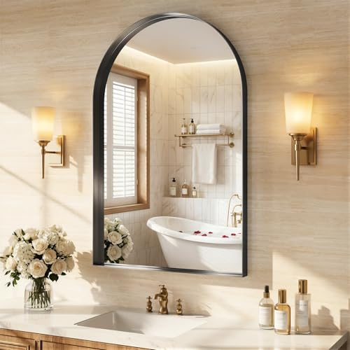 Arched Mirror for Bathroom Sink, 26"x38" Black Frame Mirror for Wall Mounted, Arch Bathroom Mirror with HD Tempered Glass, Bedroom, Living Room, Entry Way, Vanity, Restroom - color: Black-square Corner, size: 38"L x 26"W