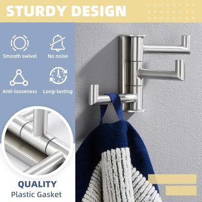 3-Arm Swivel Towel Hook, Brushed Nickel, 304 Stainless Steel | Individually Adjustable 180° Arms, Fold-Flat Wall Storage, Raised End Stops, Robes, Bags & Towels, Bathroom & Closet Use - color: Brushed Nickel, size: 1 Pack