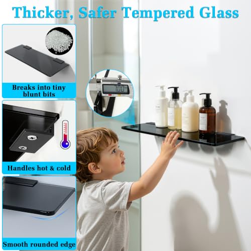 Alise Glass Shelves for Bathroom,15 Inch Wall Mounted Floating Shelf,Black | Tempered Glass Shelf,Metal Brackets,Rectangular,Floating Glass Shelves,Over Toilet,Vanity,Bedroom,Kitchen,1 Pack - color: Black