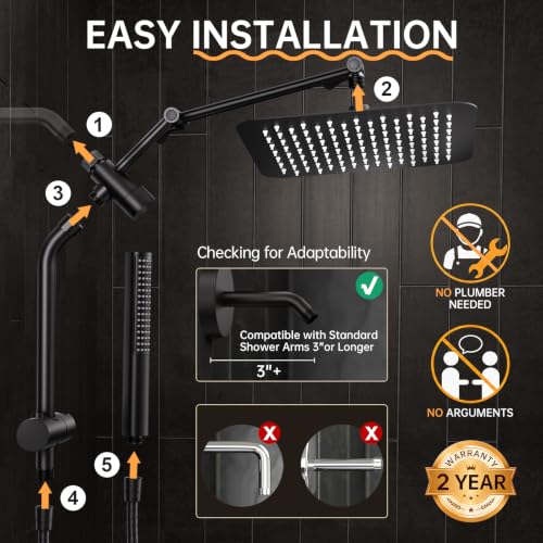 Veken All Metal 10" Luxurious Rain Shower Head with Handheld Spray,Square | Best Dual High Pressure Shower Heads Combo,Double Detachable Showerhead, Adjustable Rainfall,Bathroom Accessories,Matte Black - color: Black Matte, size: 10 Inch