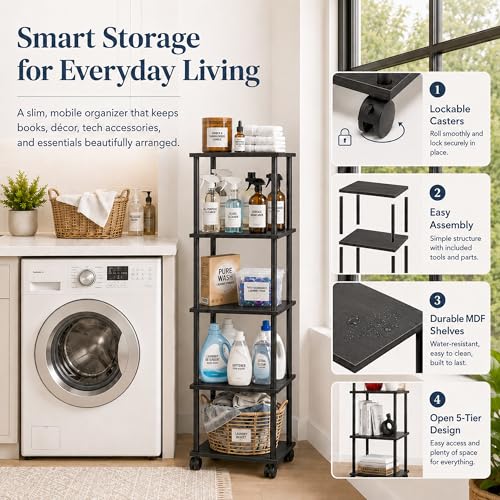 5-Tier 50.4" Tall Black Bathroom Shelving Unit with Wheels | Wood Finish, Metal Frame, Rolling Narrow Open Shelf Design, for Laundry Room, Kitchen, Living Spaces, Easy to Move - color: Black, size: 5-Tier