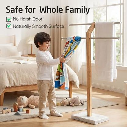 KES Width Adjustable Free Standing Towel Rack with 3X Thicker Weighted Natural Marble Base, 2-Tier Wooden Towel Rack Stand for Bathroom Floor, 18/8 Stainless Steel, Brushed Finish, BTH800-2 - color: White Marble