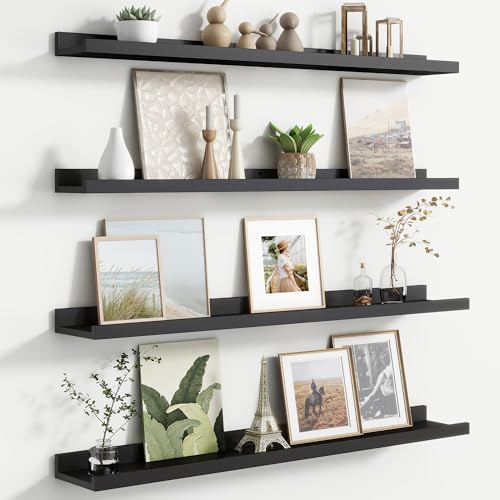 Floating Picture Ledge Shelves for Wall Set of 4, 36 Inch Wall Shelves with Lip Long Large Nursery Book Shelf for Toys Storage Kids Bookshelf Wall Mounted Living Room Bedroom Decor Frames - color: Black, size: 36'', Set of 4