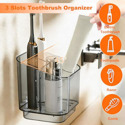 Toothbrush Holder Wall Mounted, 3 Slot Detachable Organizer with Divider and Toothpaste Holder for Electric and Manual Toothbrushes, Makeup Brush in Bathroom (Gray)