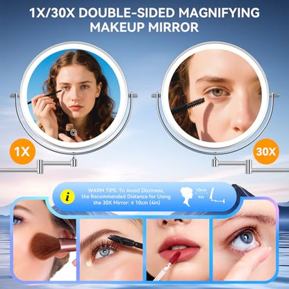 Auxmir 9″ 5000mAh 1X/30X Wall Mounted Lighted Magnifying Makeup Mirror | Power Adapter&2 Tweezers Included/ 3 Dimmable Colors/ Dual Sided Button Control/ Rechargeable/ 360° Rotation Extended Arm - color: 9'' 30x-chrome+adapter