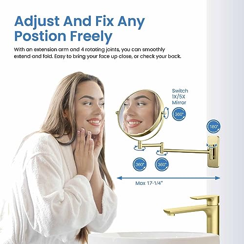 Circular Wall Mount Makeup Mirror, Dual-Sided 1x/5x Magnifying Mirror with Extendable Arm, 360° Swivel, Solid Brass Construction for Durability and Style (Brushed Gold, KMM100) - color: Gold